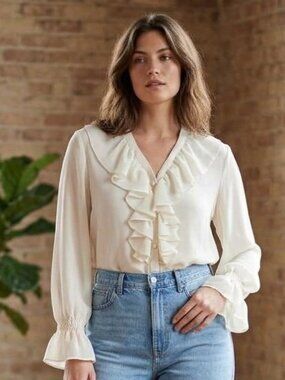 Vintage Sz L Cream Chiffon Ruffle Tuxedo Blouse Front Flounce Romantic Poet Top